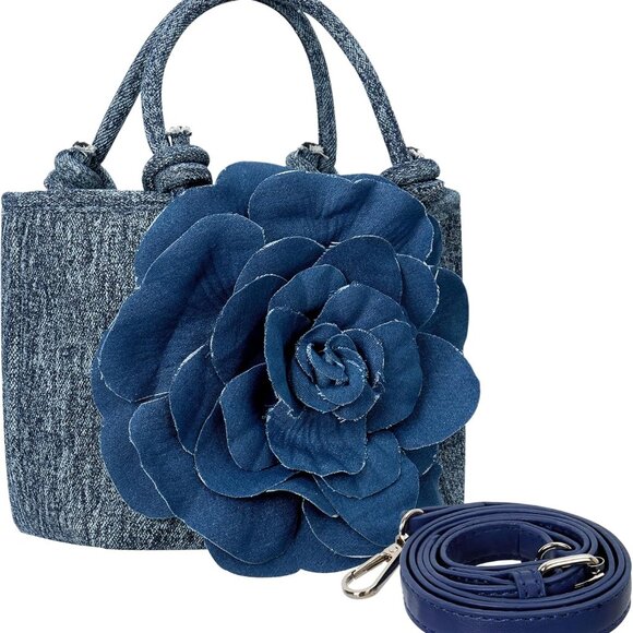 Accessories - Women's Floral Denim Slim Crossbody Purse with Handmade Flower, Adjustable Strap